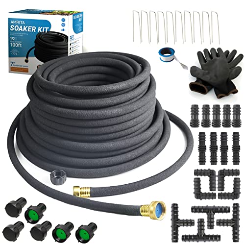 AMRITA Soaker Hose KIT,1/2inch 100ft Rubber Garden Hose 70% Water Saving,Black Heavy Duty Soaker Hose For Garden Lawn,Garden Raised Beds.(1/2-100FT) - Image 1