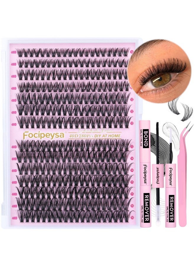 فوسيبيسا مجموعة وصلات الرموش D Curl Lash Clusters 280 قطعة مجموعة وصلات الرموش DIY 40D رموش فردية مع رابطة الرموش ومزيل قضيب الرموش مجموعة رموش ذاتية الصنع للمبتدئين في الرموش الفردية - Image 1