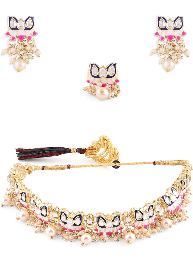 Blue & Pink Meenakari Lotus Design Choker Necklace Earring & Ring Set For Women ZPFK14435  - Image 1