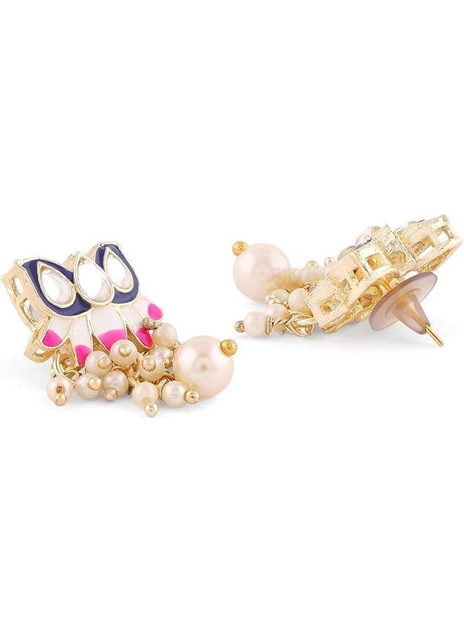 Blue & Pink Meenakari Lotus Design Choker Necklace Earring & Ring Set For Women ZPFK14435  - Image 4