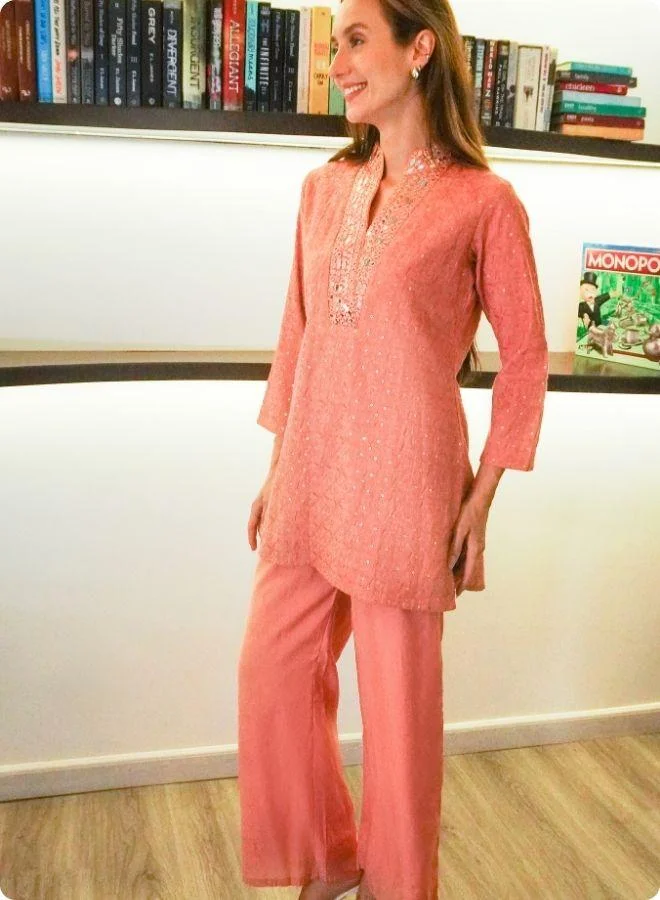 #Be Peach Mirror Work Co-ord set with Embroidered Detailing
