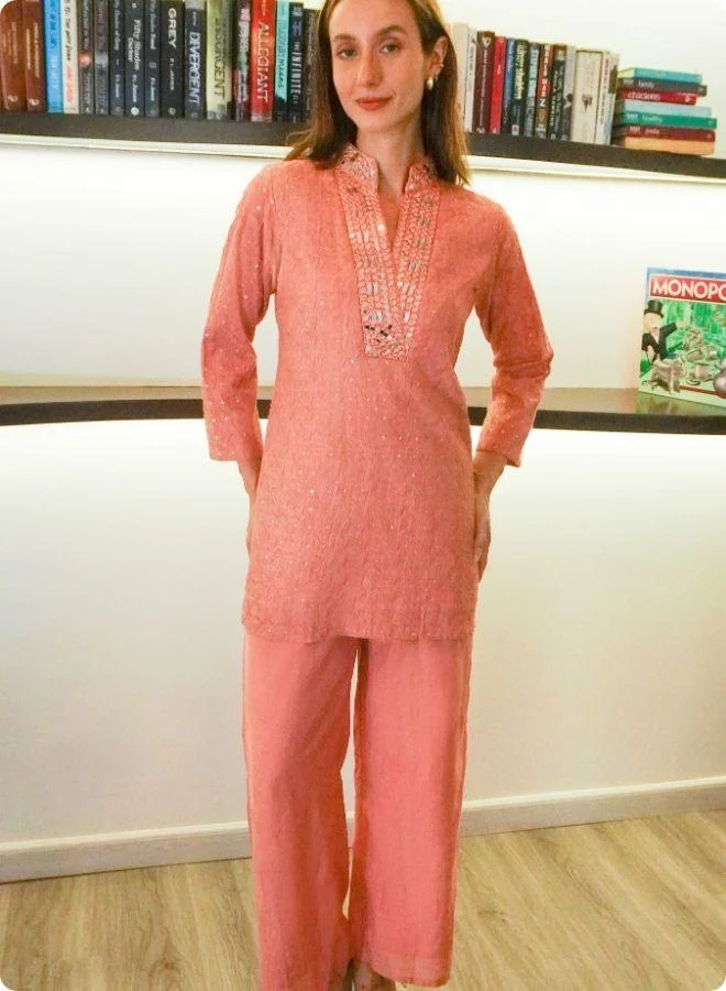 #Be Peach Mirror Work Co-ord set with Embroidered Detailing