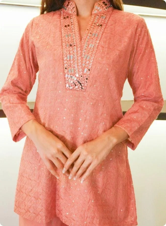 #Be Peach Mirror Work Co-ord set with Embroidered Detailing
