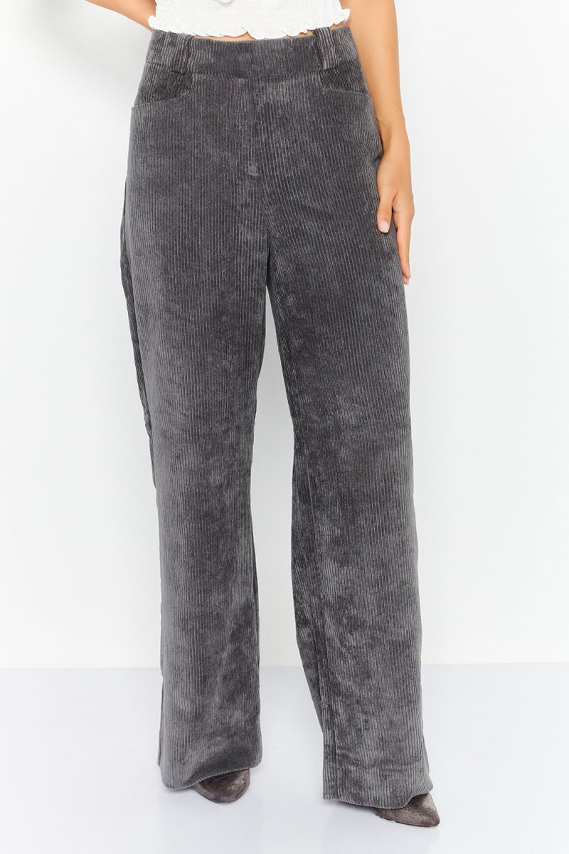 ESPRIT Women Regular Fit Textured Wide Leg Pant, Dark Grey - Image 1