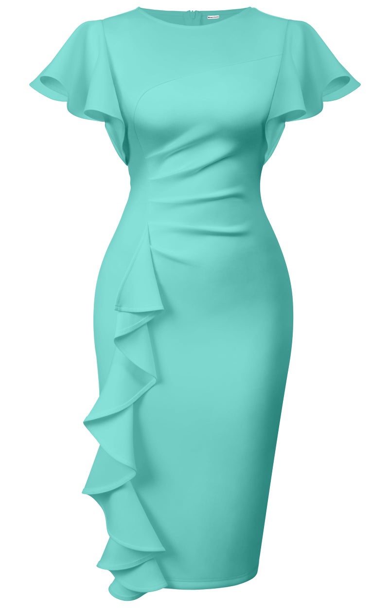 Memoriesea Women's Vintage Church Ruffle Sleeve Ruched Bodycon Work Midi Pencil Dress Lake Blue - Image 1