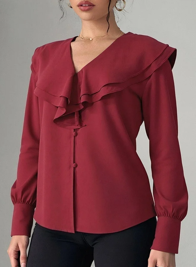 تايك تو بلوزة نسائية حمراء بياقة على شكل حرف  وكشكشة