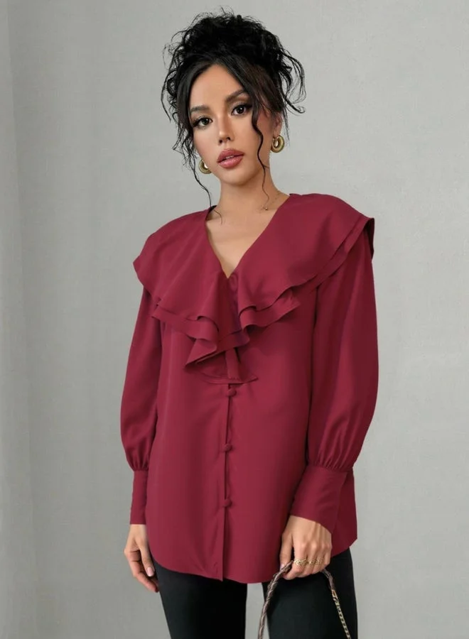 Take Two Women Red Ruffled V Neck Top