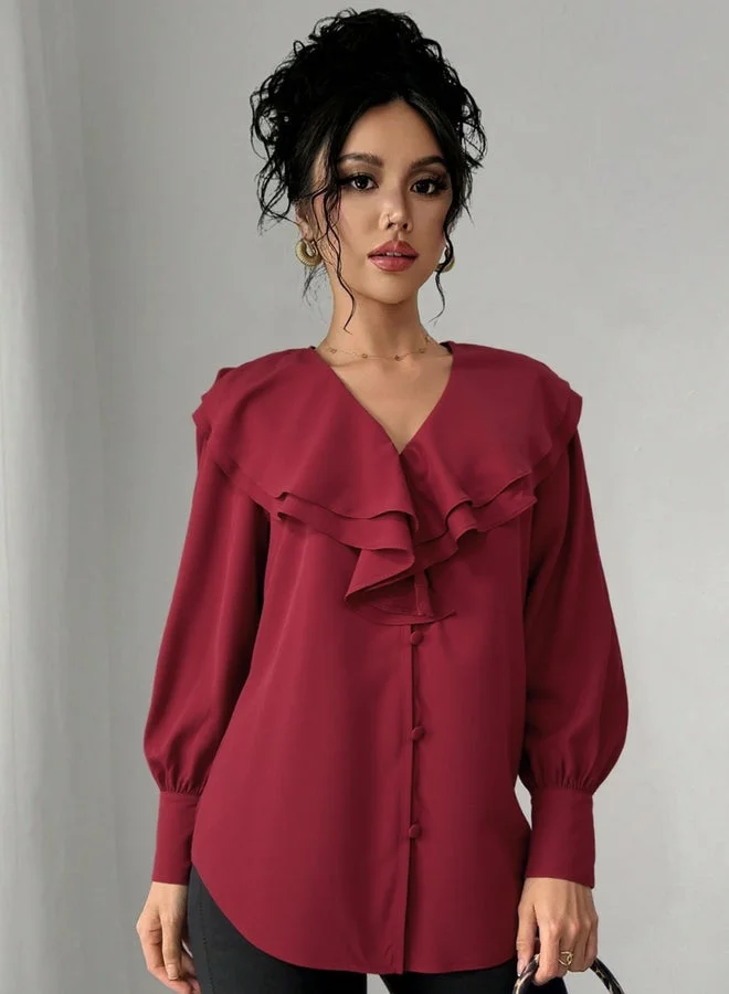 Take Two Women Red Ruffled V Neck Top