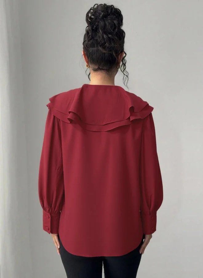 Take Two Women Red Ruffled V Neck Top