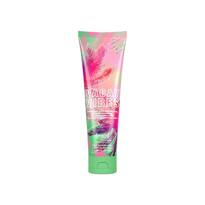 Devoted Creations Vacay Vibes Tanning Lotion – Indoor/Outdoor Tropical Bronzing Cocktail Infused with Skin Quenching Watermelon and Guava Extracts, plus Electrolyte Enhanced Coconut Water – 8.5 oz.