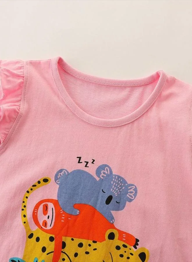 YUNIQEE Pink Crew Neck Cap Sleeve Printed Tshirt & Shorts