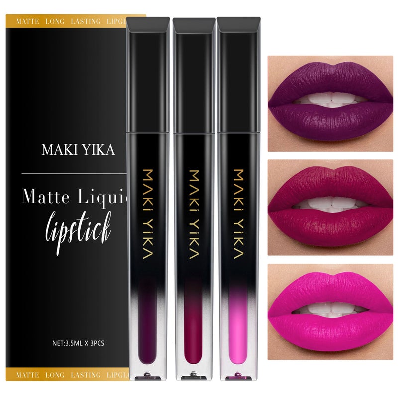MAKI YIKA 3Pcs Matte Liquid Lipstick Set Purple Plum Pink Lipstick Long Lasting Smudge Proof Non Transfer Lip Makeup PurplePlumPink