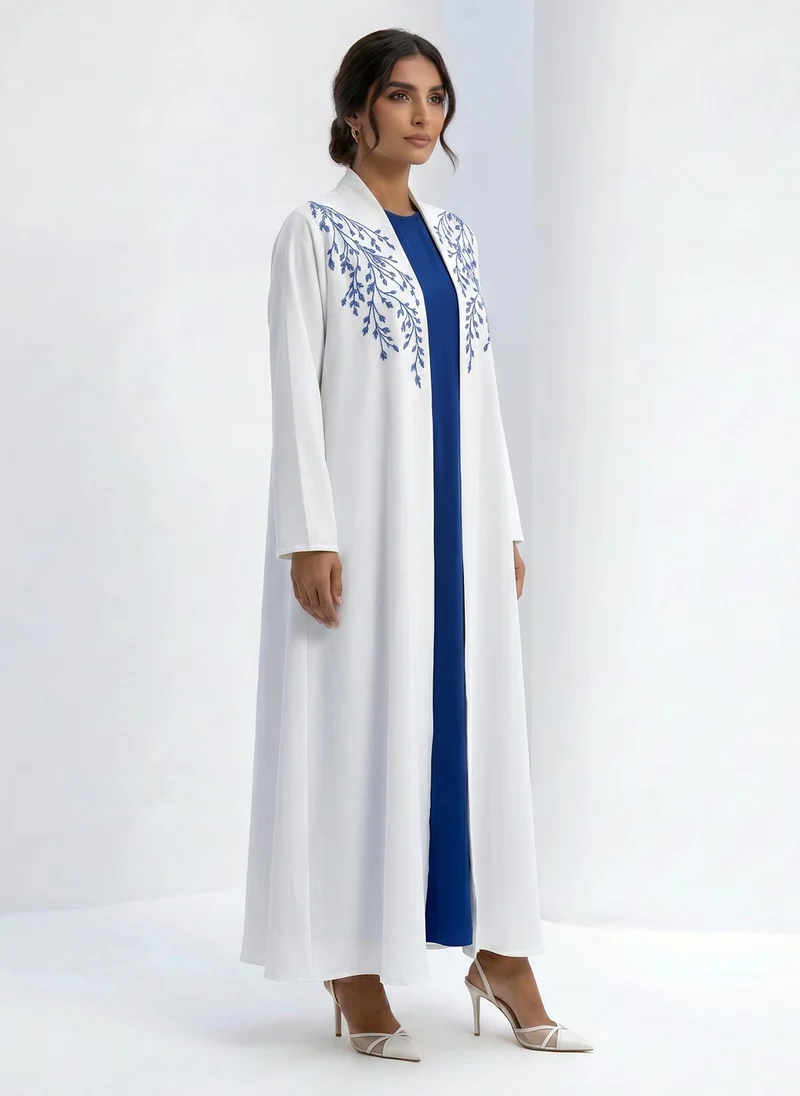 أم سكوير فاشن White Abaya with Blue Threadwork Embroidery & Royal Blue Inner Dress