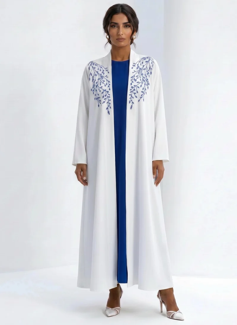 أم سكوير فاشن White Abaya with Blue Threadwork Embroidery & Royal Blue Inner Dress