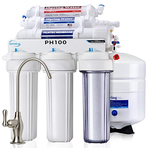 iSpring PH100 Alkaline Reverse Osmosis Water Filter System, pH+ Remineralization 6-Stage Under Sink RO Drinking Water Filtration System 100 GPD Fast Flow 1:1 Pure to Waste Ratio, US Made Filters - Image 1