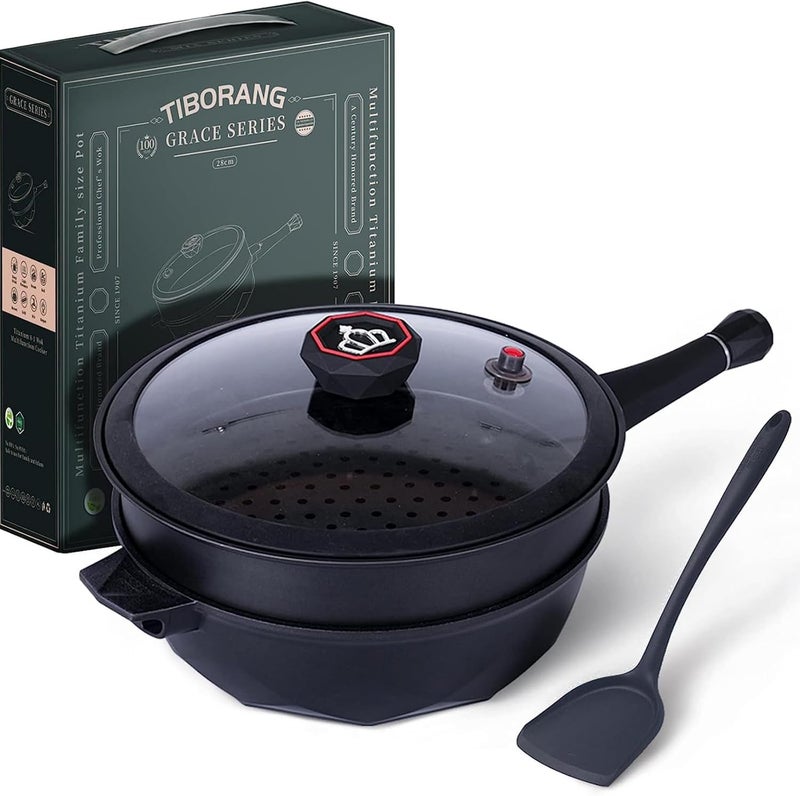 TIBORANG 8 in 1 Nonstick Deep Frying Pan with Glass Lid, 11 Inch Large Skillet with Steamed Grid, PFOA-Free, Dishwasher&Oven Safe, Wok with All Stovetops(Black) - Image 1