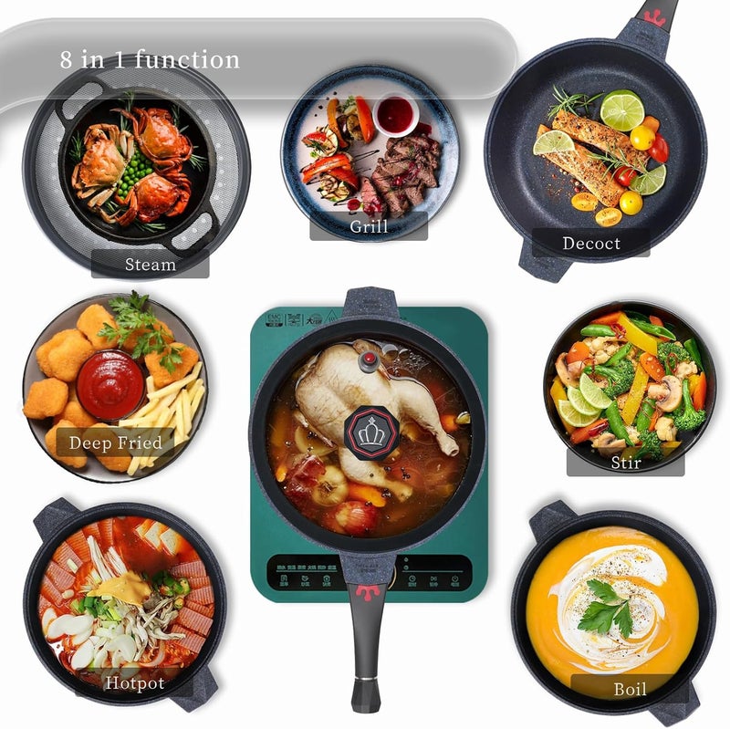 TIBORANG 8 in 1 Nonstick Deep Frying Pan with Glass Lid, 11 Inch Large Skillet with Steamed Grid, PFOA-Free, Dishwasher&Oven Safe, Wok with All Stovetops(Black) - Image 3
