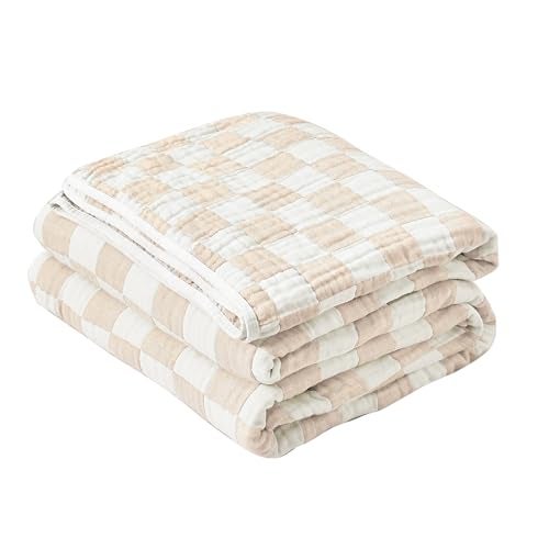 SANACYNA 100 Cotton Muslin Blanket 6Layer Gauze Cream Grid Cooling Blanket Lightweight Soft and Breathable Blanket for Sofa Couch Bed Coverlet Both Sides Cream Throw 50x60 - Image 1