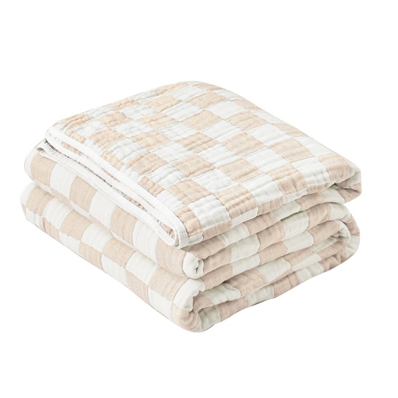 SANACYNA 100 Cotton Muslin Blanket 6Layer Gauze Cream Grid Cooling Blanket Lightweight Soft and Breathable Blanket for Sofa Couch Bed Coverlet Both Sides Cream Throw 50x60 - Image 2