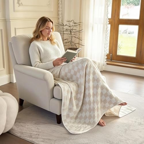 SANACYNA 100 Cotton Muslin Blanket 6Layer Gauze Cream Grid Cooling Blanket Lightweight Soft and Breathable Blanket for Sofa Couch Bed Coverlet Both Sides Cream Throw 50x60 - Image 3