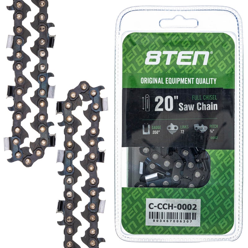 8TEN Chainsaw Chain 20 inch Bar .050 Gauge 3/8 Pitch 72 Drive Links for Stihl Husqvarna Poulan Pro Jonsered (1 Pack)