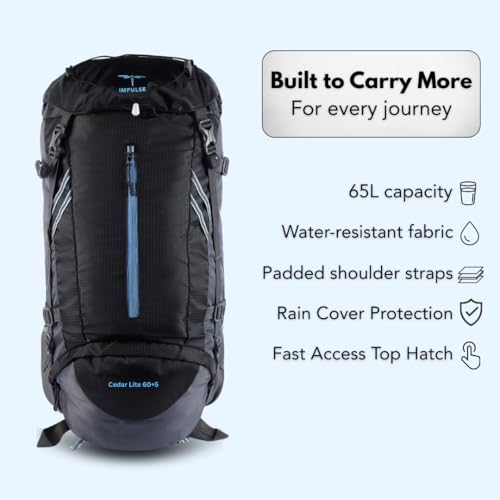 Impulse 65L Travel bag with Rain Cover | Water Resistant | Shoe Compartment | Padded Adjustable Shoulder Straps & Waist Belt-Ideal for Hiking, Camping & Travel Rucksack Backpack- Black |1 Year Warranty - Image 3