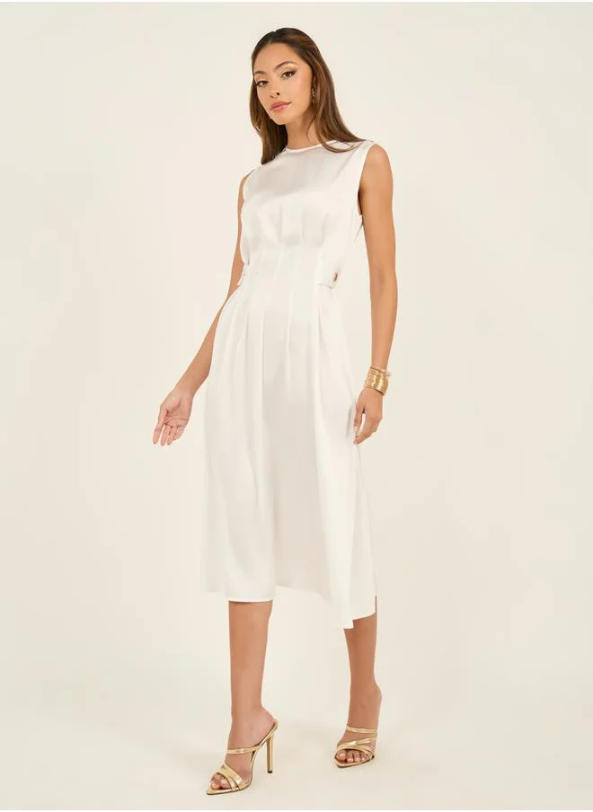 Styli Box Pleated Detail Sleeveless A-Line Midi Dress