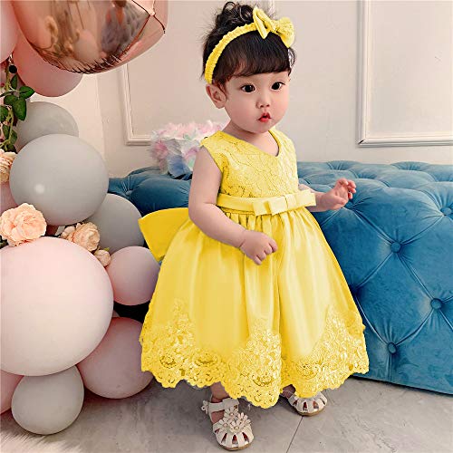 AIMJCHLD Toddler Baby Girls Formal Dresses Infant Bowknot Embroidery Tutu Lace Gown Dress Kids Pageant Party Wedding Birthday Flower Dresses Size 24M (Yellow 24M) - Image 2