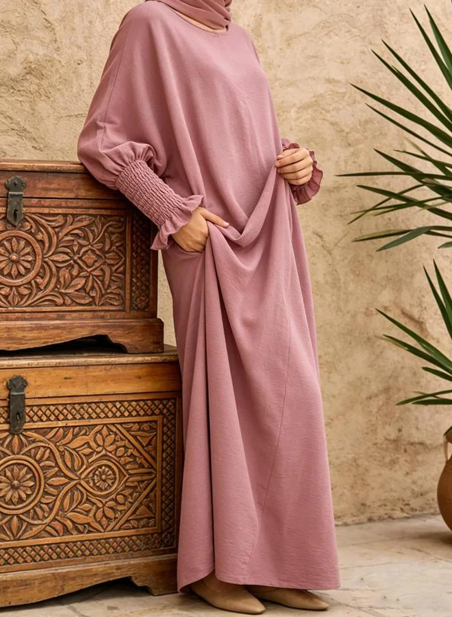 Take Two Pink Shirred Cuff Sleeves Maxi Dress