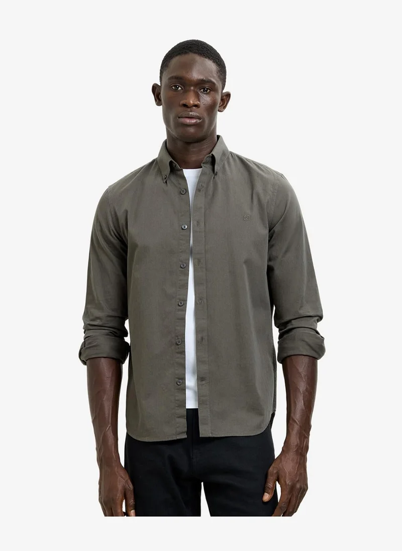 French Connection Men's Khaki Green Ss Textured Striped Holiday Shirt