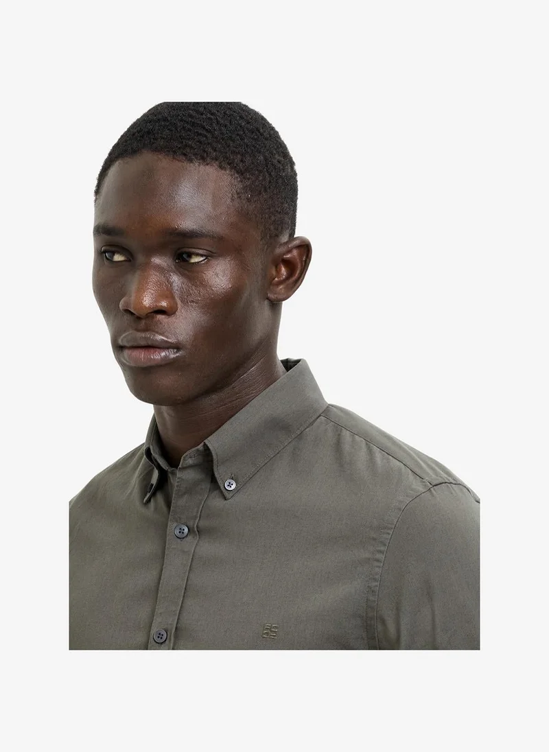 French Connection Men's Khaki Green Ss Textured Striped Holiday Shirt