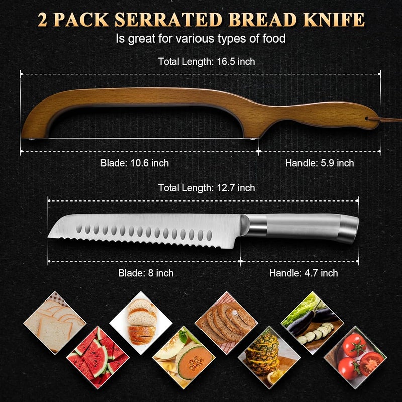 seelucky 2 Pack Sourdough Bread Knife for Homemade Bread, Serrated Bread Cutter Ergo-Safe Engineering Anti-Stick Bread Bow Knife for Sourdough, Baguettes, Cakes - Image 2