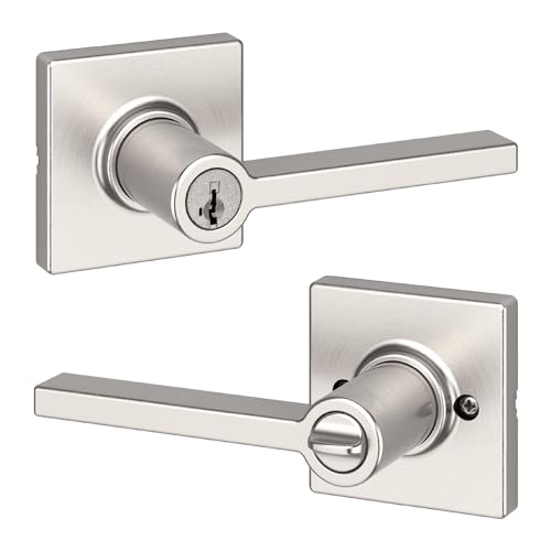 Kwikset Casey Entry Door Handle with Lock and Key, Secure Keyed Reversible Lever Exterior, For Front Entrance and Bedrooms, Satin Nickel , Pick Resistant Smartkey Rekey Security and Microban - Image 1
