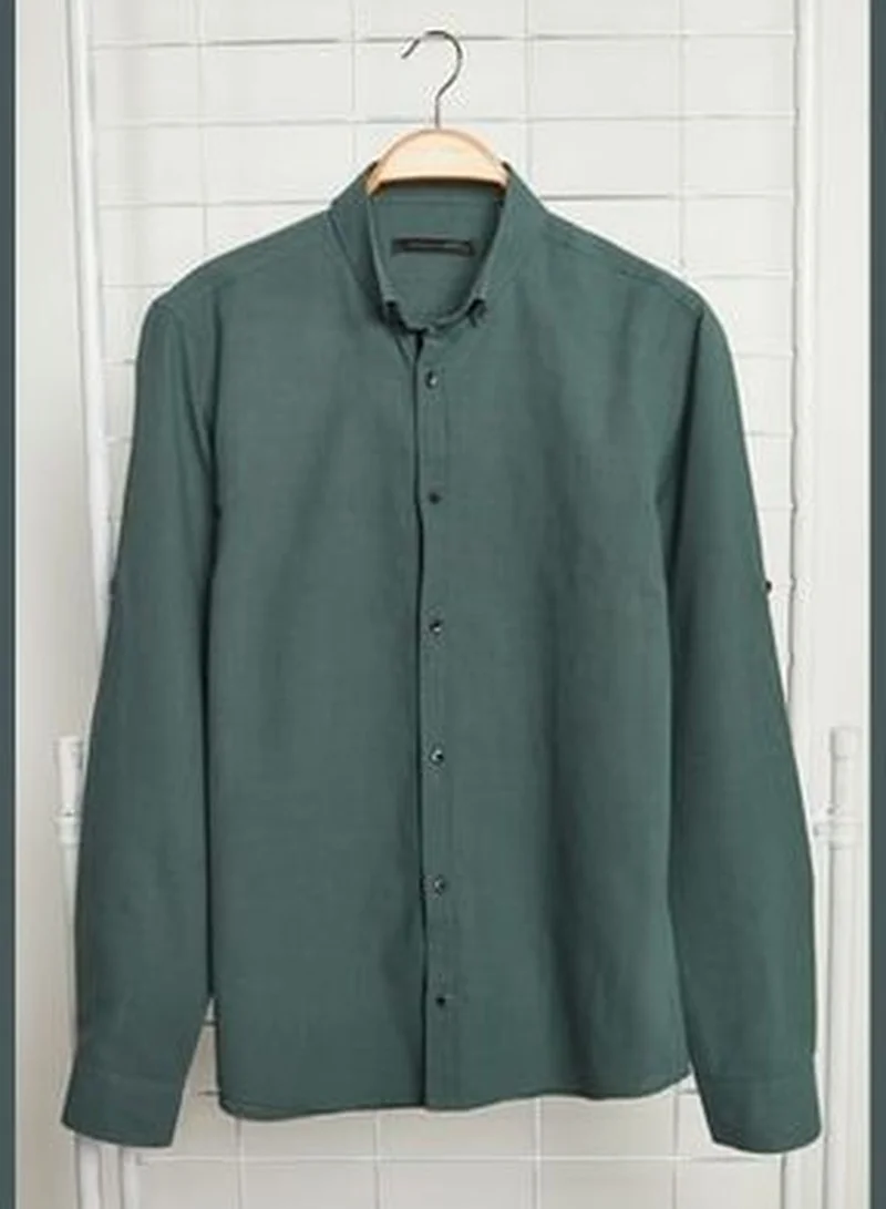trendyol Dark Green Men's Slim Fit Buttoned Collar 100% Cotton Shirt with Epaulettes.