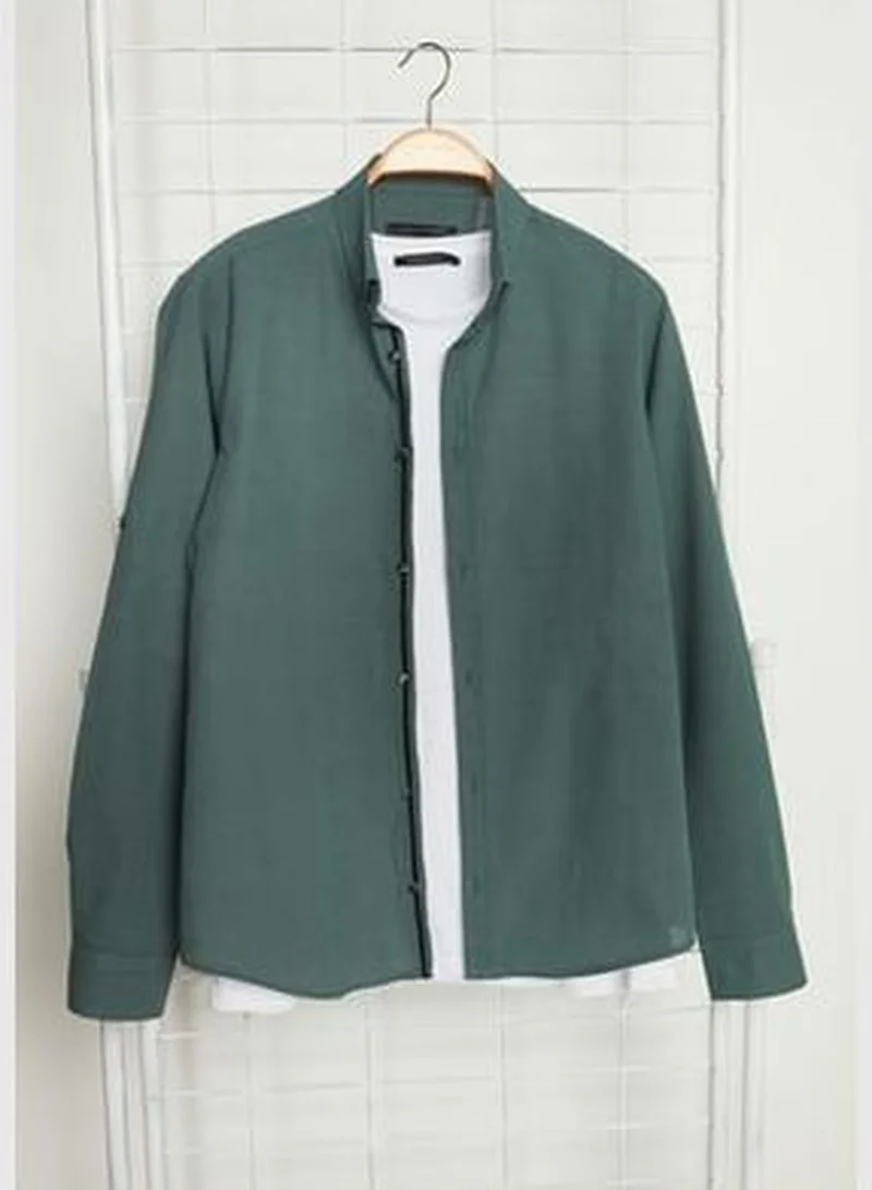 trendyol Dark Green Men's Slim Fit Buttoned Collar 100% Cotton Shirt with Epaulettes.