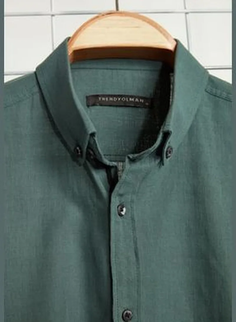 trendyol Dark Green Men's Slim Fit Buttoned Collar 100% Cotton Shirt with Epaulettes.
