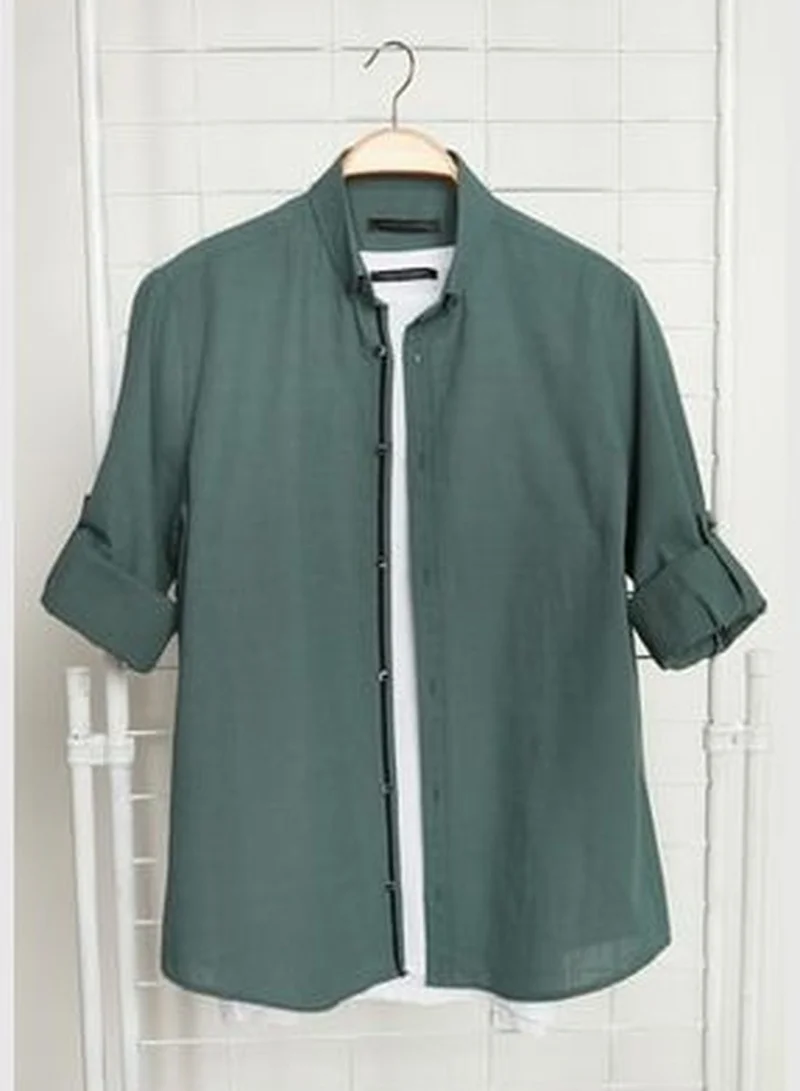 trendyol Dark Green Men's Slim Fit Buttoned Collar 100% Cotton Shirt with Epaulettes.