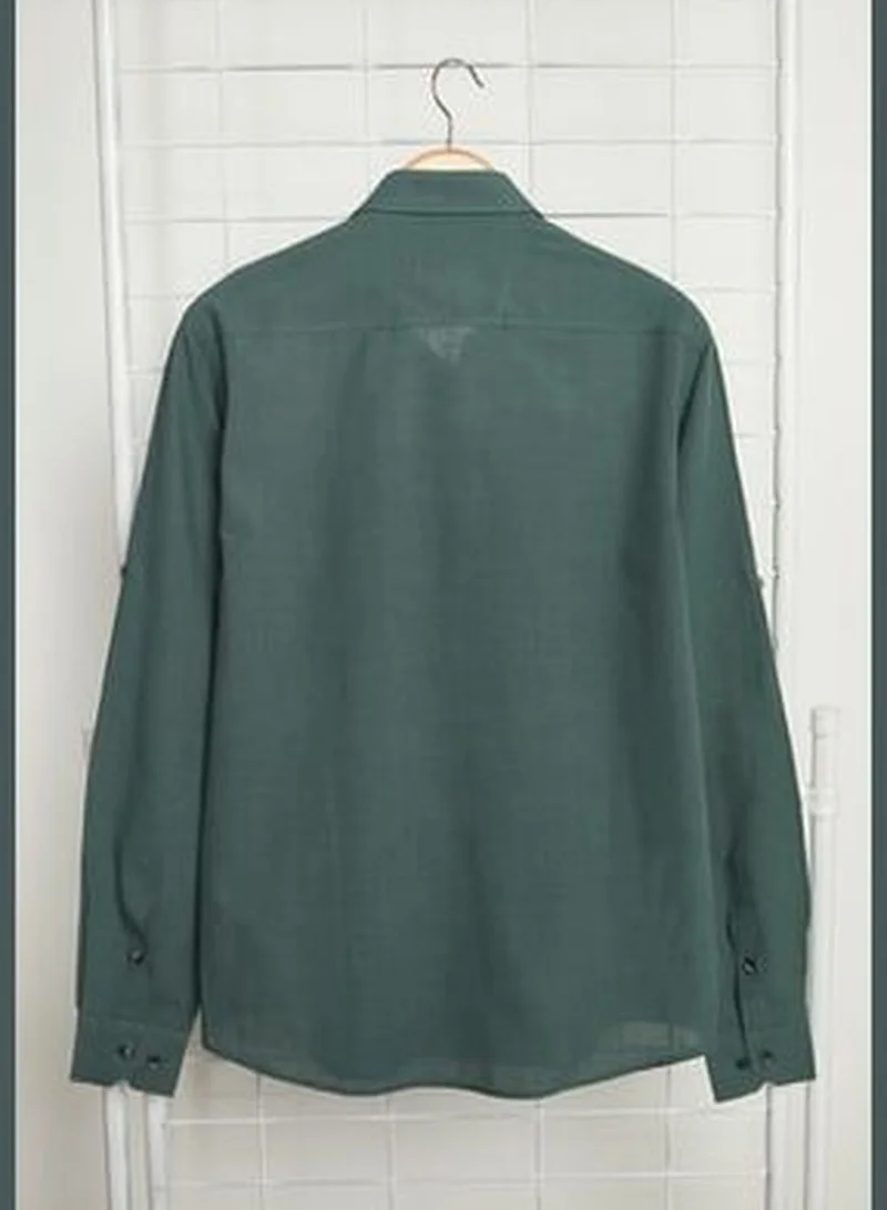 trendyol Dark Green Men's Slim Fit Buttoned Collar 100% Cotton Shirt with Epaulettes.