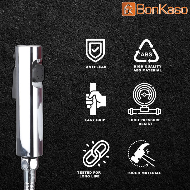 BonKaso BonKaso HF Quadra Health Faucet with High Pressure 1 metre Stainless Steel Tube and Hook Jet Spray for Toilet Chrome Plated - Image 2