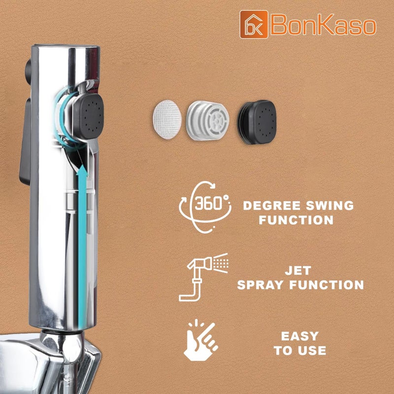 BonKaso BonKaso HF Quadra Health Faucet with High Pressure 1 metre Stainless Steel Tube and Hook Jet Spray for Toilet Chrome Plated - Image 3