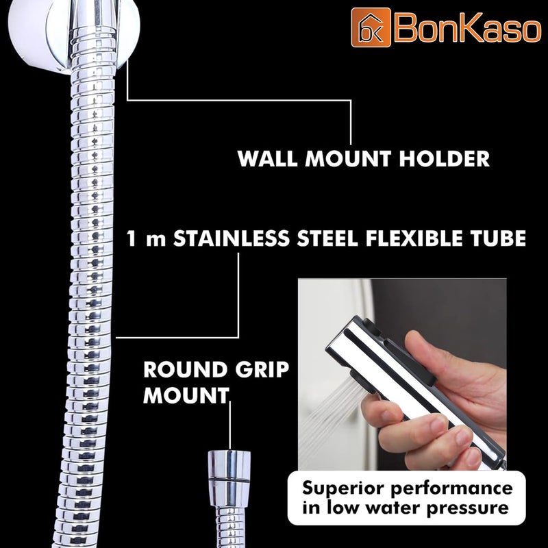 BonKaso BonKaso HF Quadra Health Faucet with High Pressure 1 metre Stainless Steel Tube and Hook Jet Spray for Toilet Chrome Plated - Image 4