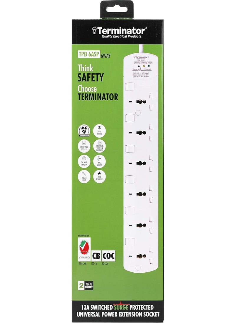 Terminator Terminator 6 Way Universal Power Extension Socket With 3 LED Surge Protection Individual Switches & Indicators 5M 13A Gift Box packed Model TPB 6ASP-5M - Image 2