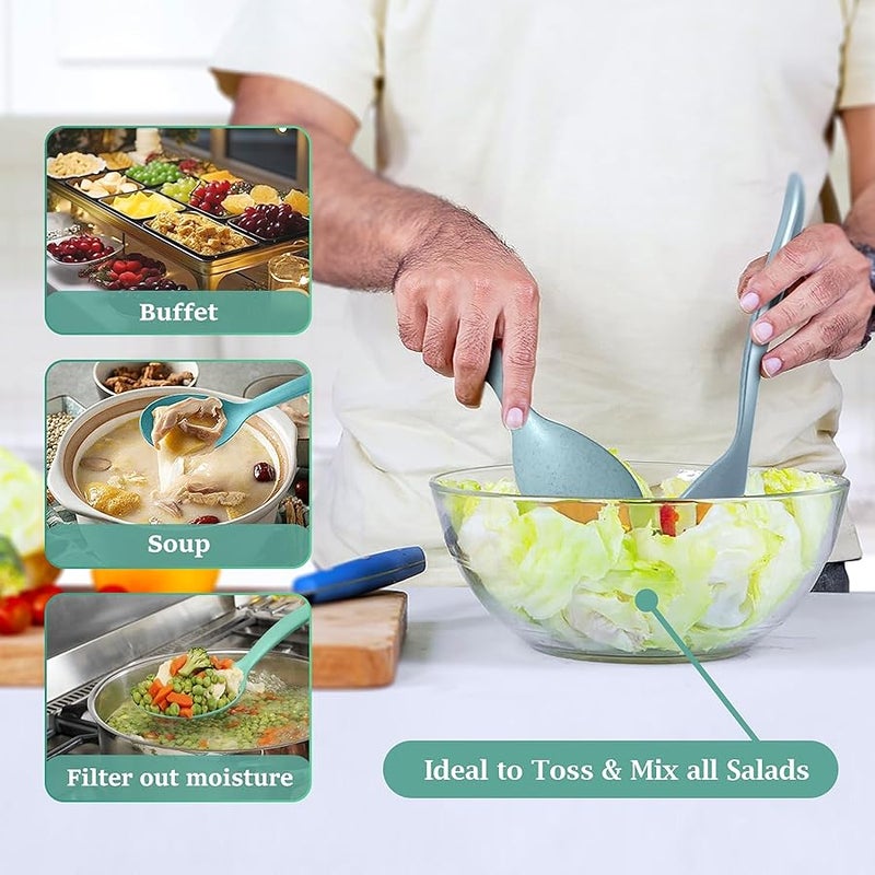 RayPard Reusable Plastic Serving Utensils Set of 12, Wheat straw Large Serving set 10 Serving Spoons/10 Slotted Spoons/9.4 Tongs, for Party Chafing Dish Buffet Catering (Ocean) - Image 3