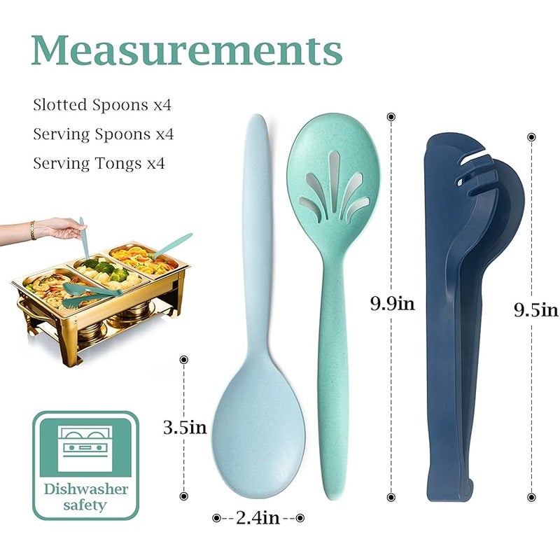 RayPard Reusable Plastic Serving Utensils Set of 12, Wheat straw Large Serving set 10 Serving Spoons/10 Slotted Spoons/9.4 Tongs, for Party Chafing Dish Buffet Catering (Ocean) - Image 2