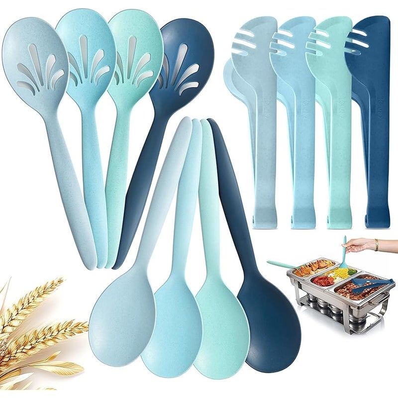 RayPard Reusable Plastic Serving Utensils Set of 12, Wheat straw Large Serving set 10 Serving Spoons/10 Slotted Spoons/9.4 Tongs, for Party Chafing Dish Buffet Catering (Ocean) - Image 1