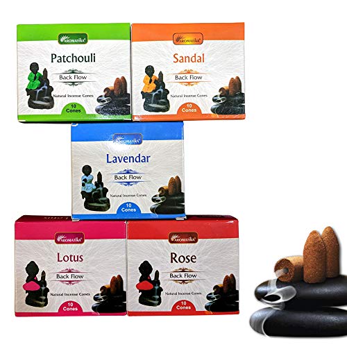 Aromatika Natural Backflow Incense Cones, 5 Packs 5 Fragrances 50 Pcs, (Sandal, Lavender, Patchouli, Rose, Lotus) | Pack 'B' - Image 1