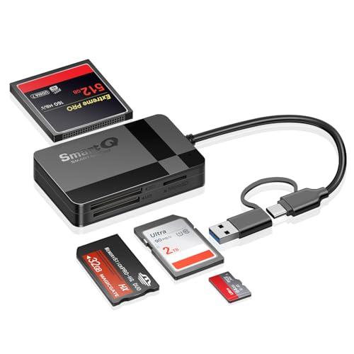 SmartQ SD Card Reader, Memory Card Reader 4 in 1 USB C USB 3.0 Dual Connector Adapter Simultaneously Read SD MS CF TF Cards Supports Micro SD/Micro. Compatible with desktops, Tablets, and USB-C Smartphones - Image 1