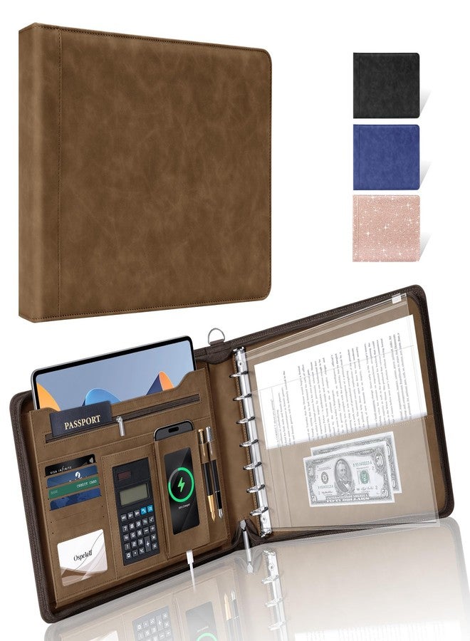 Ospelelf Brown Zippered 7 Ring Check Binder for Business Checks (9" x 13"), 1 Inch Faux Leather Checkbook Portfolio with Zipper Pouch, Professional Binder for Organizer Accountants, Home Use - Image 1