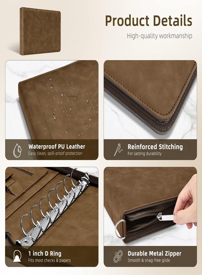 Ospelelf Brown Zippered 7 Ring Check Binder for Business Checks (9" x 13"), 1 Inch Faux Leather Checkbook Portfolio with Zipper Pouch, Professional Binder for Organizer Accountants, Home Use - Image 3
