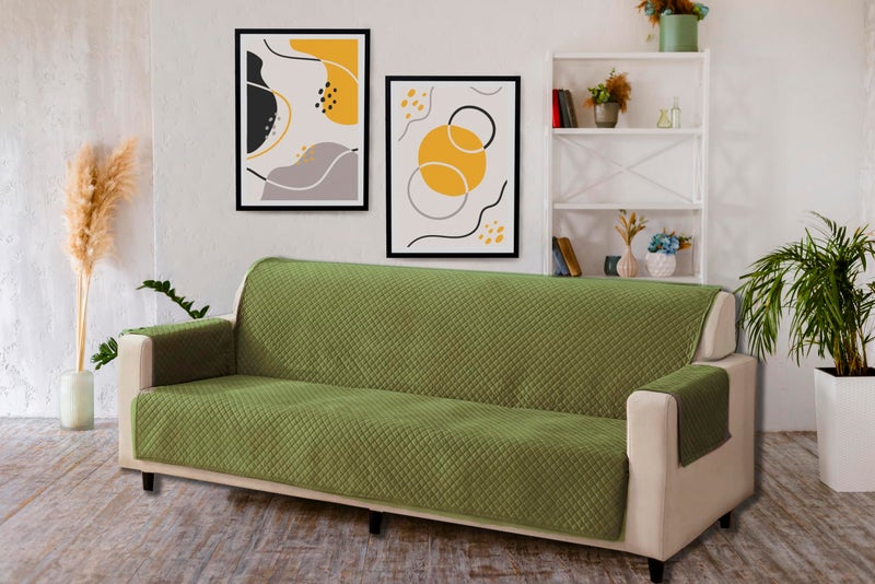 KINGLY Velvet Quilted Universal Elastic Sofa Cover Non-Slip Sofa Protector 5 Seater Armchair Cover with Machine Washable Adjustable Elastic Straps (3+1+1 Seater) (Green) - Image 1
